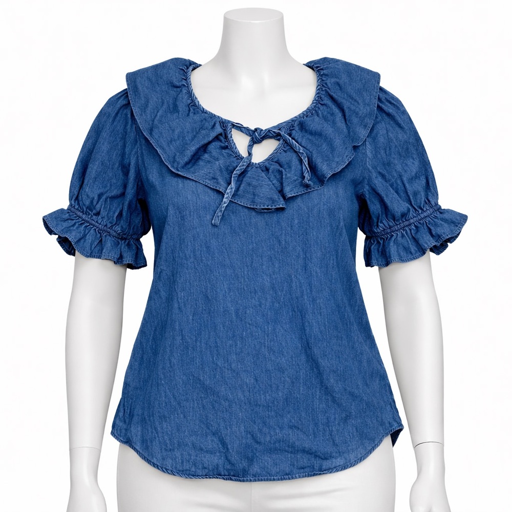 Vintage Willowbend Denim Ruffle Collar Peasant Blouse USA Made Large